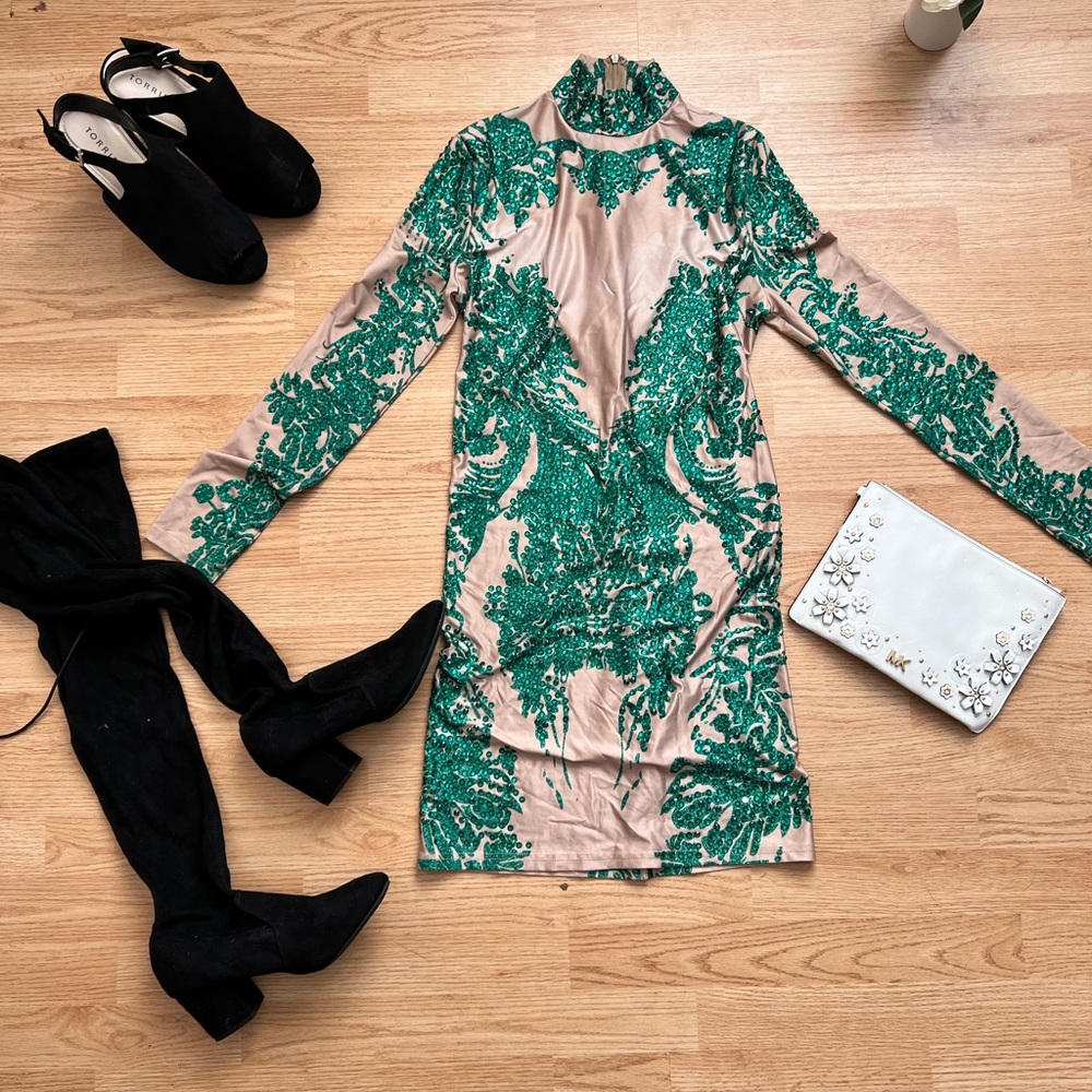 Green bodycon high neck dress with rhinestones.